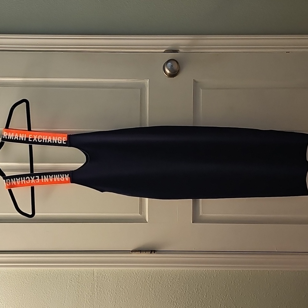 A | X ARMANI EXCHANGE NAVY BLUE STRETCHY DRESS WITH ORANGE NEON STRAPS LOGO NWOT - Picture 5 of 16